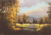Featured Artwork: David Marty Oil painting of a country road with mountains in the distance