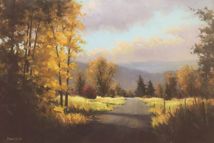 Oil painting of a country road with mountains in the distance