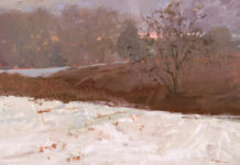 Featured Artwork: Lori Putnam Oil painting of a landscape with blackberry vines in winter