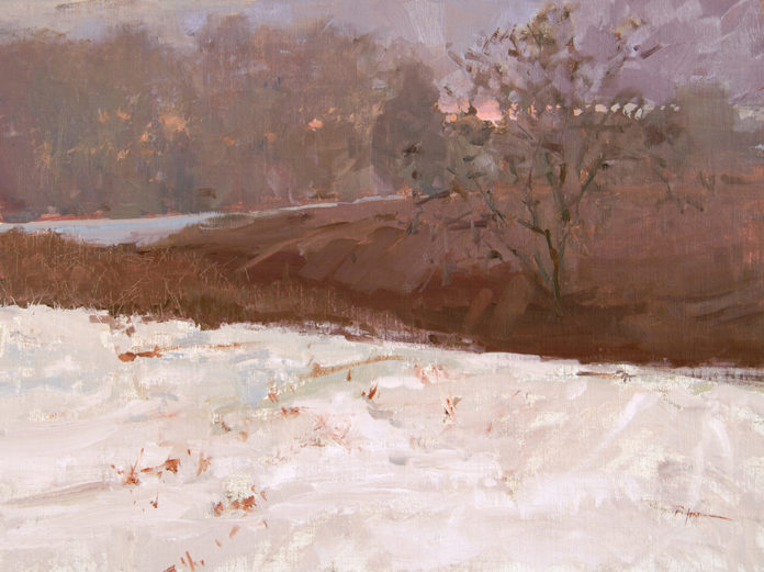 Oil painting of a landscape with blackberry vines in winter