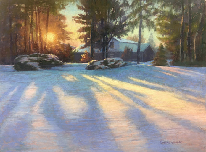 Pastel painting of a house back in the trees with snow-covered ground