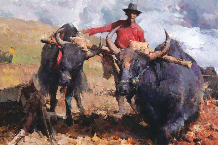 Oil painting of a man herding bulls