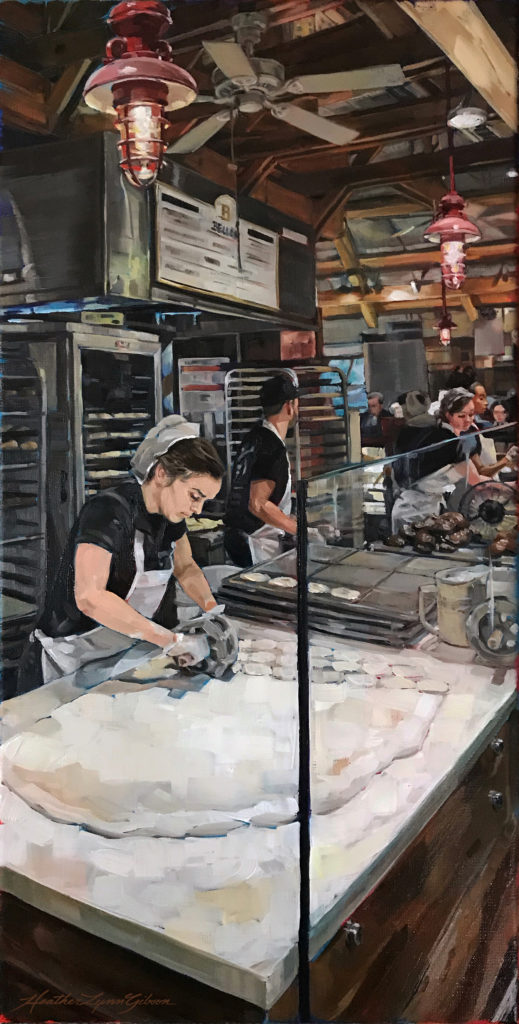 HEATHER LYNN GIBSON (b. 1970), "Beiler’s in Reading Terminal," 2019, oil on linen, 24 x 12 in., available from the artist