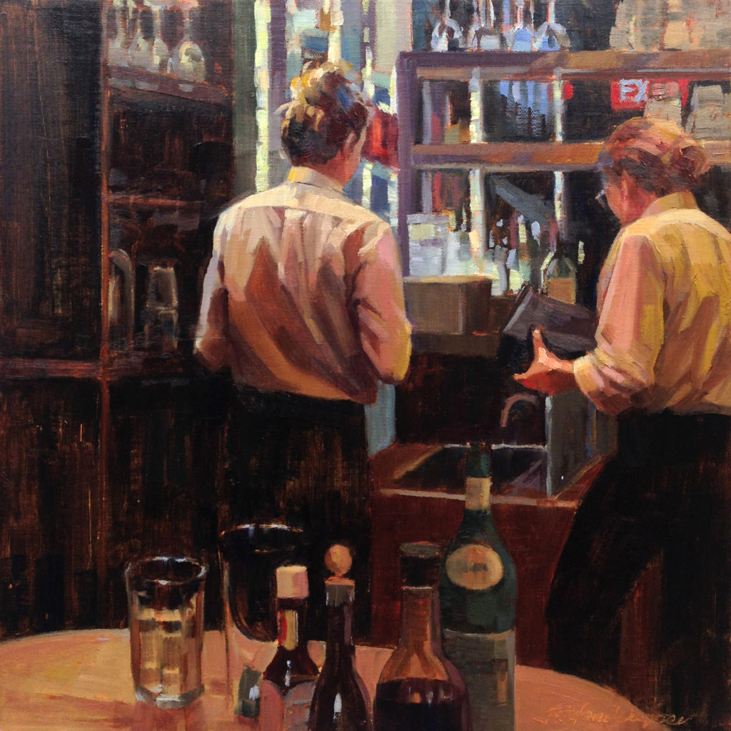 paintings of bars - JILL STEFANI WAGNER (b. 1955), "Two Up, One on the Rocks," 2017, oil on linen panel, 12 x 12 in., J. Petter Galleries, Douglas, MI
