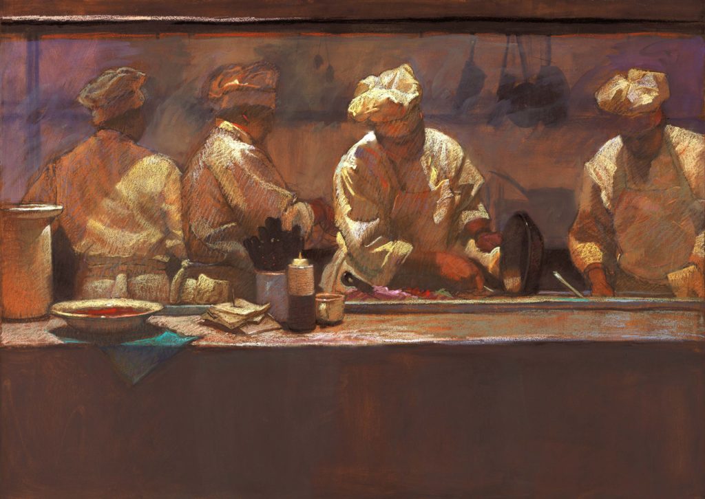 Paintings of chefs - SALLY STRAND (b. 1954), "Cook Works," 1998, pastel on paper, 30 x 42 in., collection of Grand Hyatt Hotel, New York