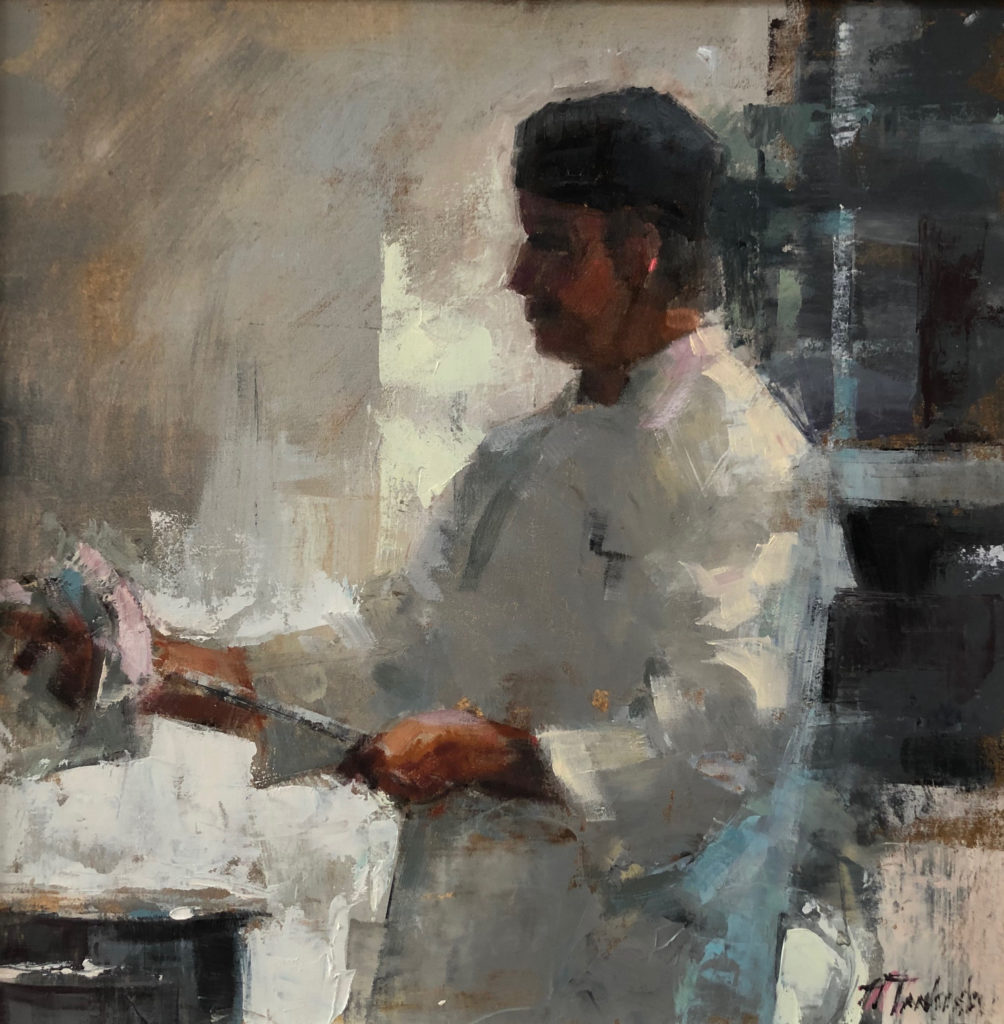 Paintings of chefs - NANCY TANKERSLEY (b. 1949), "A Careful Cleaning," 2019, oil on muslin panel, 12 x 12 in., available from the artist