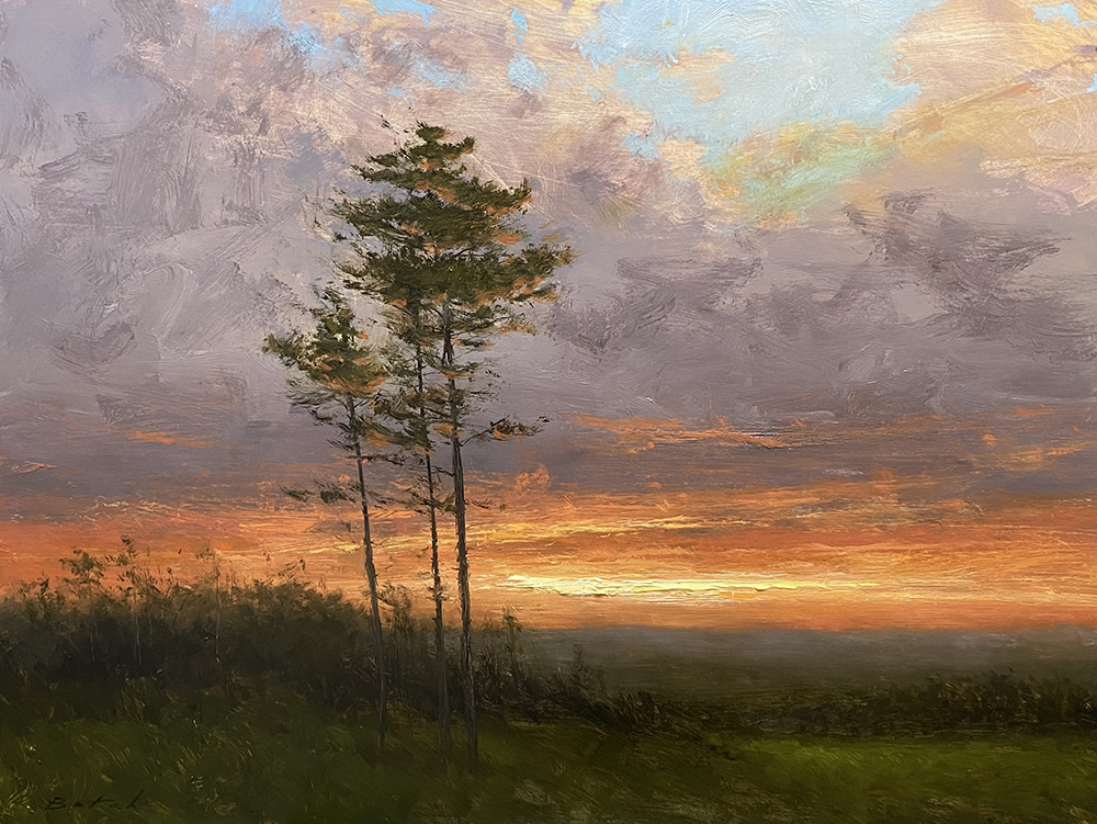 Oil painting of a hillside with trees and the sun setting behind clouds