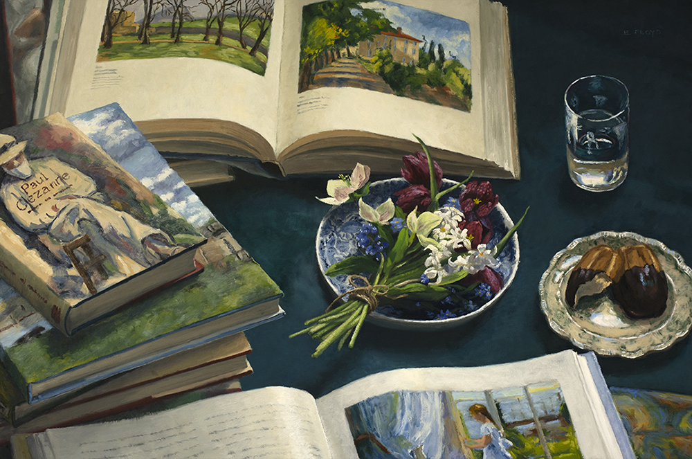 Oil painting of Cezanne books and flowers on a table