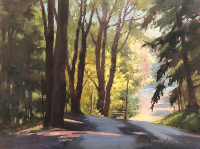 Oil painting of trees lining a road
