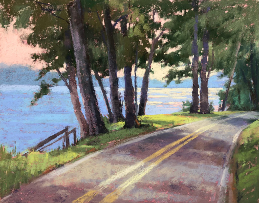 Pastel painting of a road along the water's edge