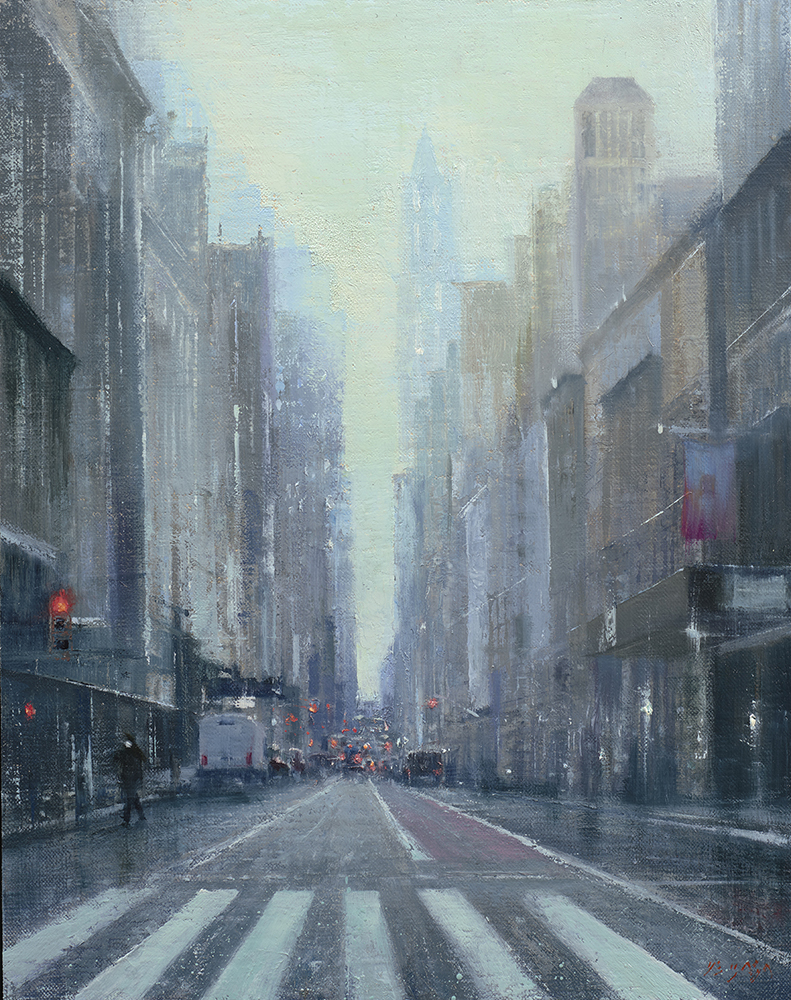 Oil painting of a city street with tall buildings