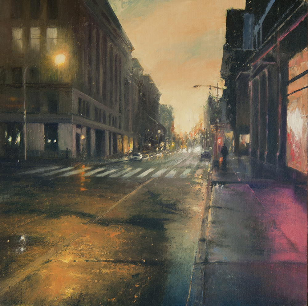 Oil painting of a wet city street in the evening
