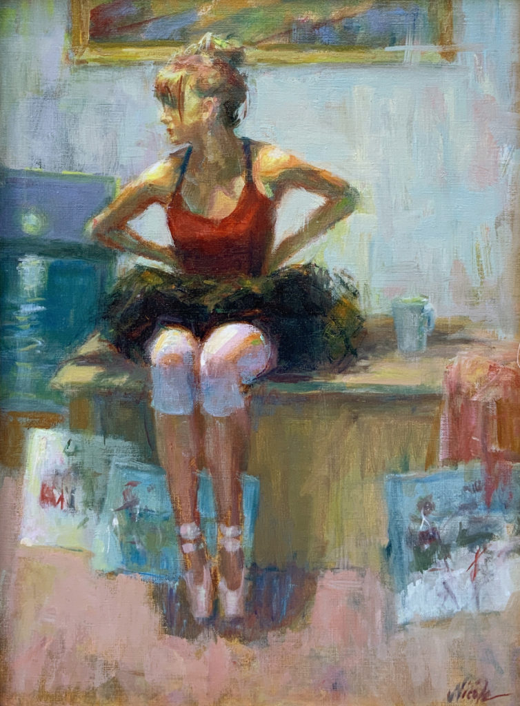 Oil painting of a seated ballet dancer