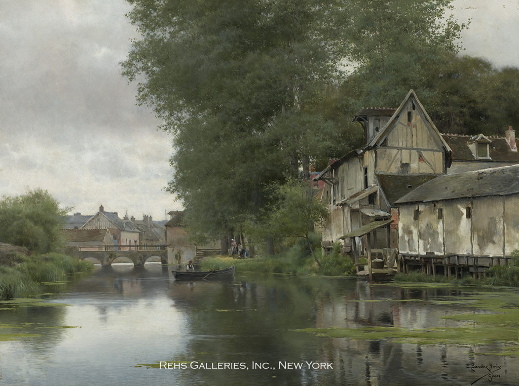 Oil painting of a building on the bank of a river