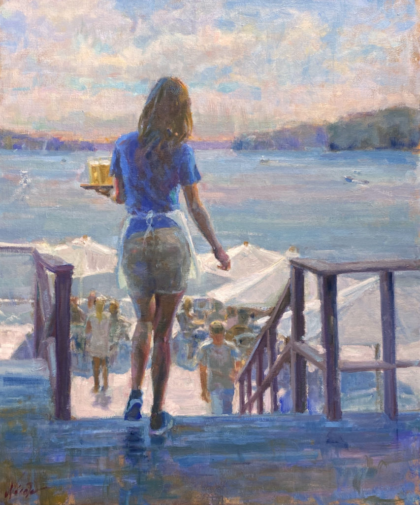 Oil painting of a woman server carrying drinks to an group of people at a lake