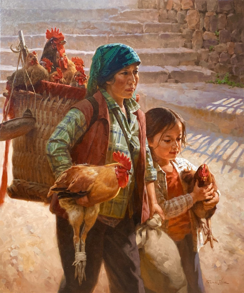 Oil painting of a woman and young girl taking chickens to a market