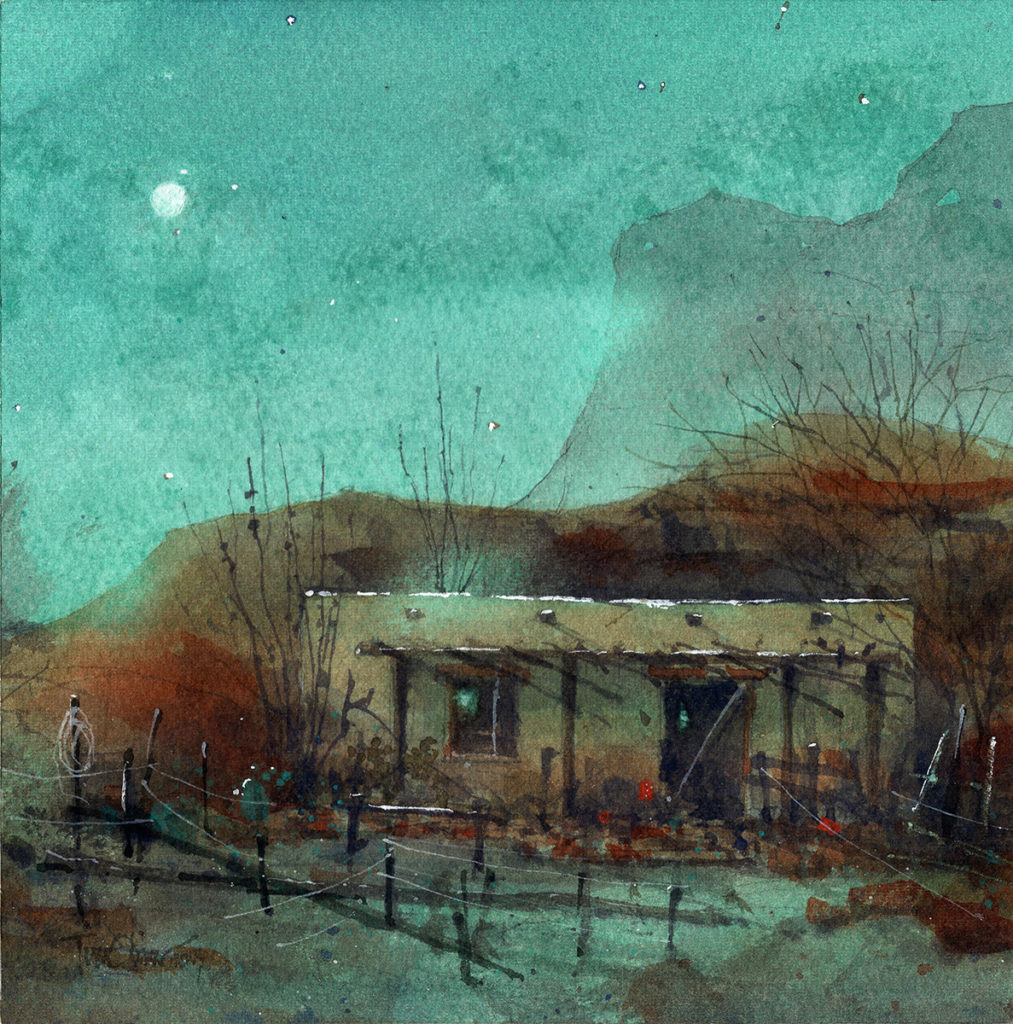 Nocturne watercolor painting of an adobe house in the desert