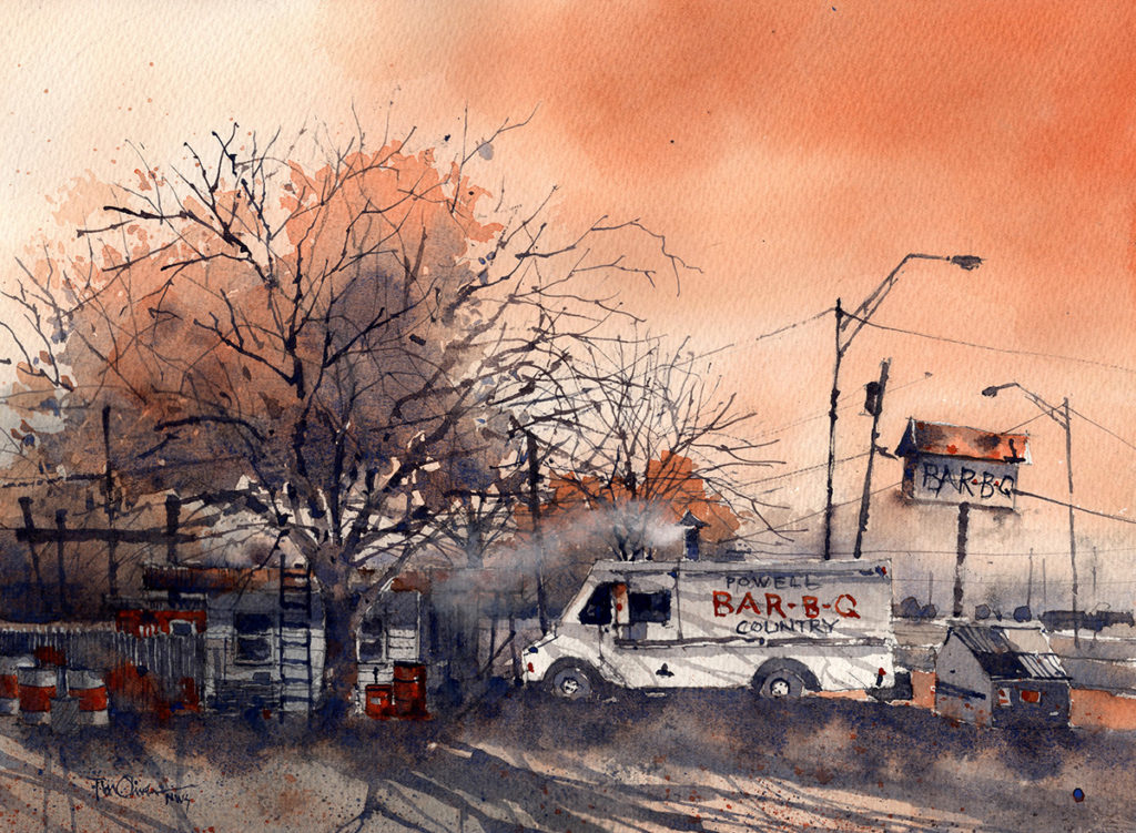 Watercolor painting of a Powell Country Bar-B-Q truck outside a restaurant