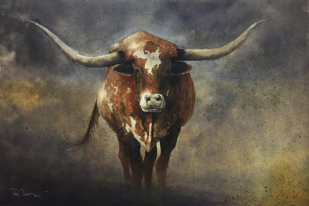 Watercolor painting of a Texas longhorn bull walking toward the viewer