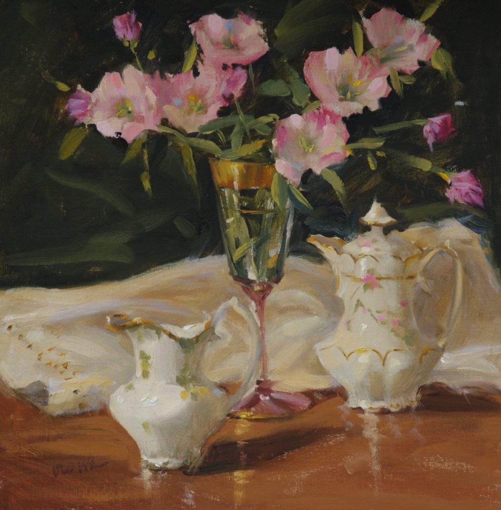 JUDY CROWE (b. 1953), "China and Primroses," 2014, oil on linen panel, 12 x 12 in., private collection