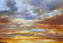 Featured Artwork: Becky Pashia presented by the Celebration of Fine Art in Scottsdale, AZ Oil painting of a golden sky over the desert