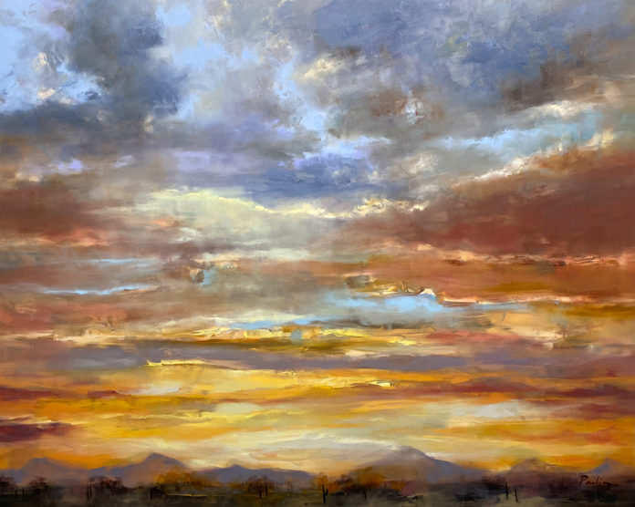 Oil painting of a golden sky over the desert