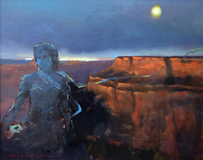 Oil painting of a woman in a face mask at the Grand Canyon