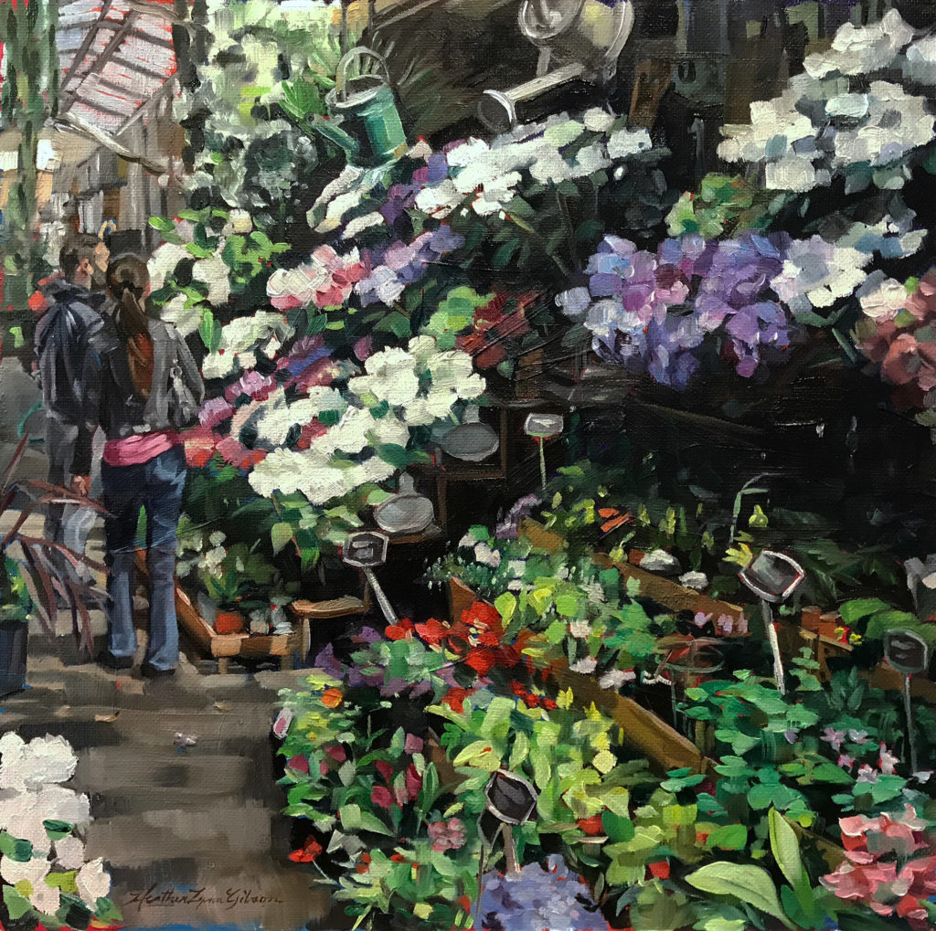 HEATHER LYNN GIBSON (b. 1970), "Buying Hydrangeas," 2018, oil on linen, 12 x 12 in., collection of the artist