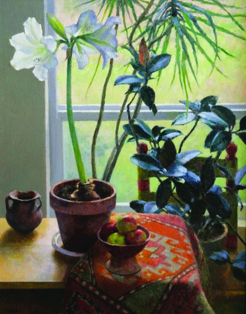 Still life painting of flowers - JIM McVICKER (b. 1951), "White Amaryllis," 2017, oil on linen, 30 x 24 in., J.M. Stringer Gallery, Vero Beach, FL