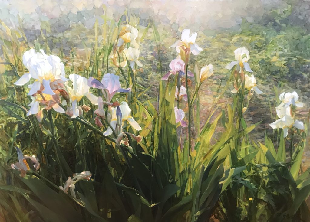 Paintings of flowers - GELENA PAVLENKO (b. 1969), "Rays, Irises," 2015, oil on canvas, 20 x 28 in., Lotton Gallery, Chicago