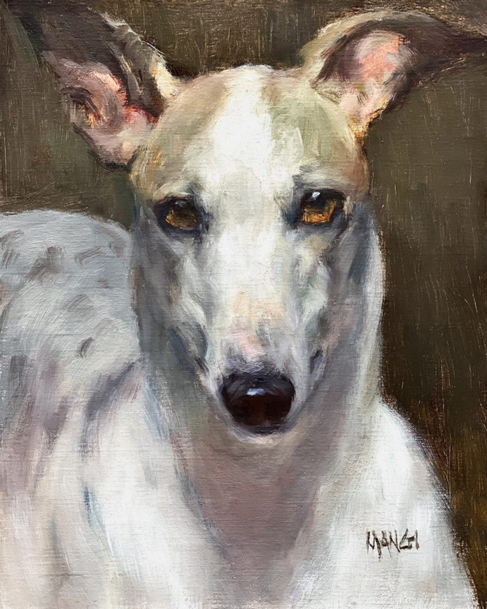 Portrait painting of a greyhound