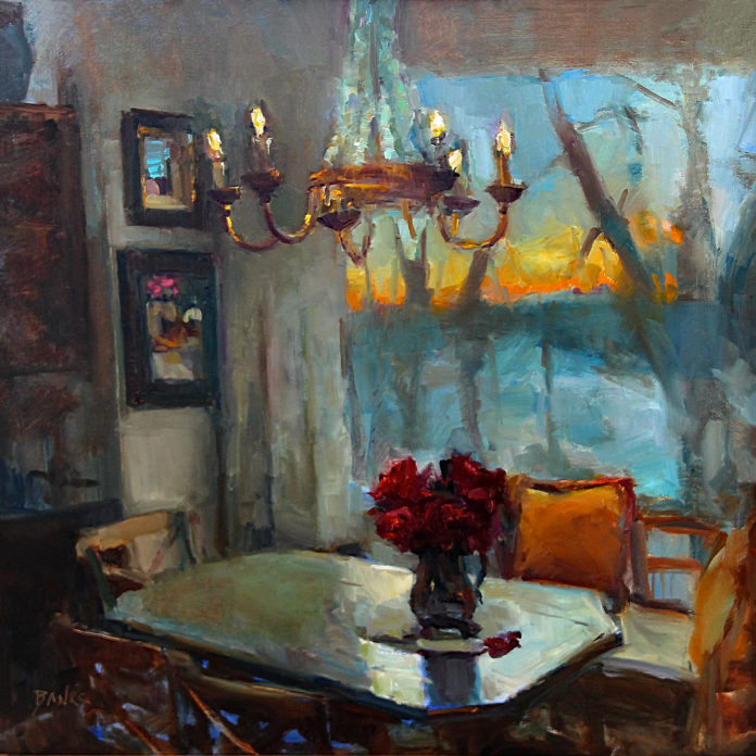Oil painting of lights outside from the view of a dining room window