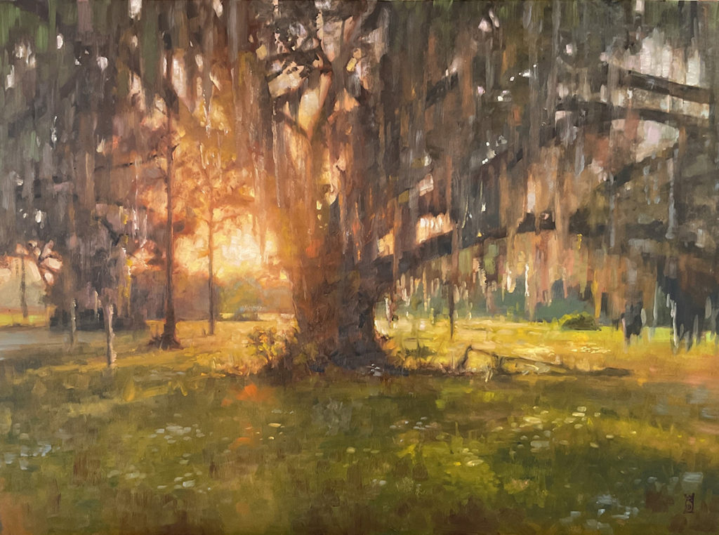 Oil painting of a mossy tree as the sun goes down