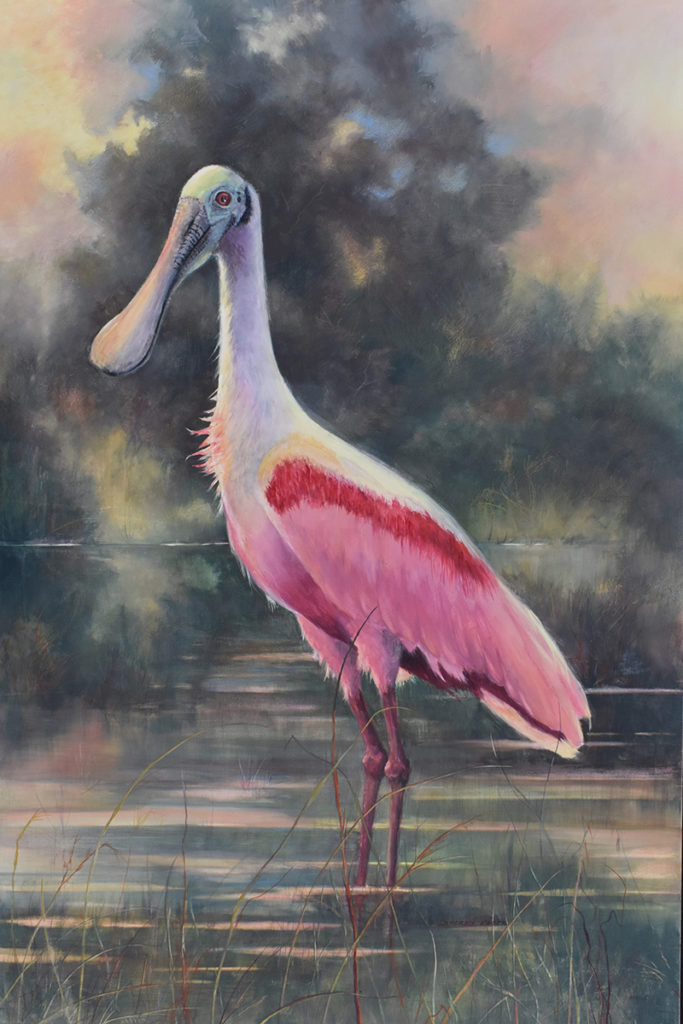 Mixed media painting of a spoonbill standing in water