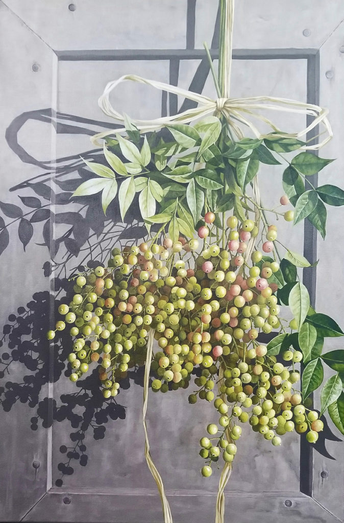 Oil painting of nandinia berries tied in a bundle with twine