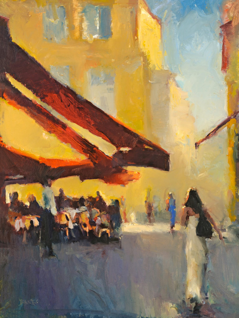 Oil painting of red awnings over a city street