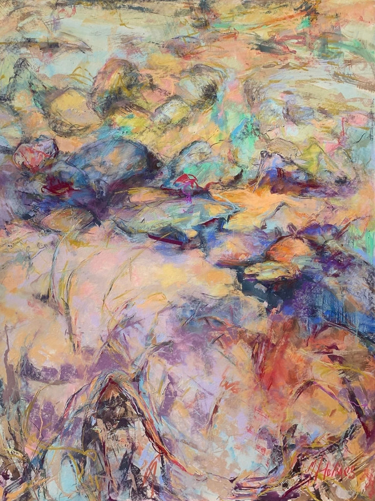 Abstract expressionist pastel painting of water lilies