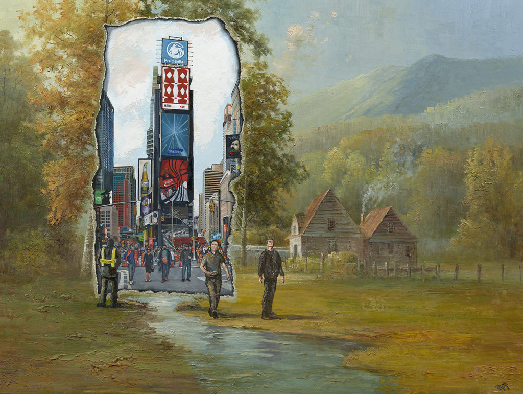 Oil painting of people walking through a portal from a city into the country