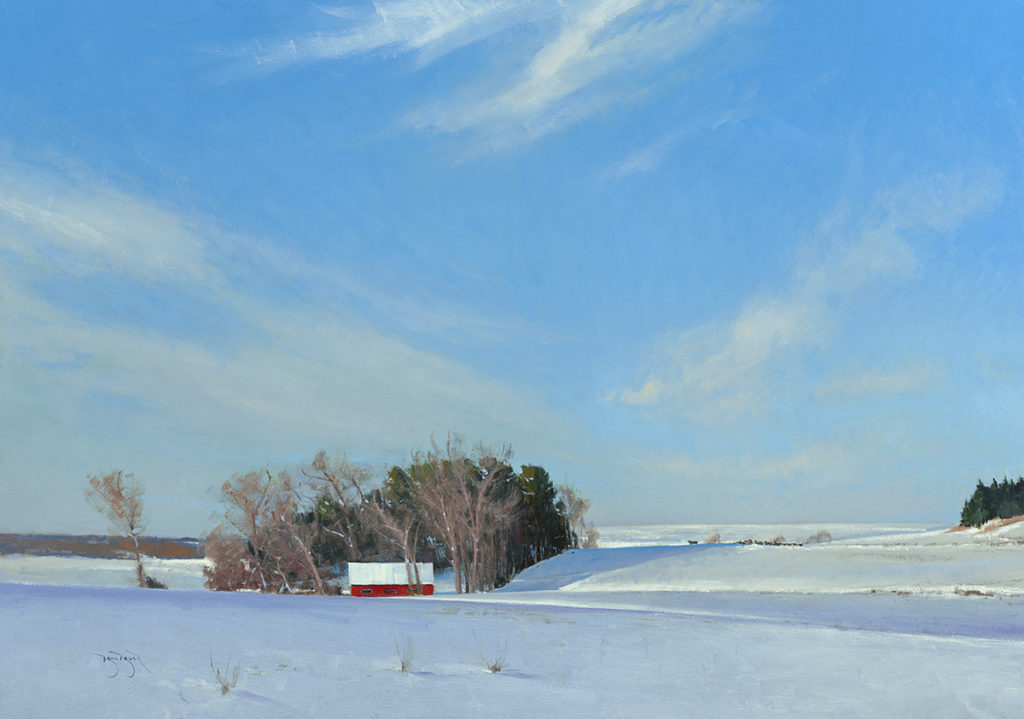 Oil painting of a barn in tress in the snow at a distance