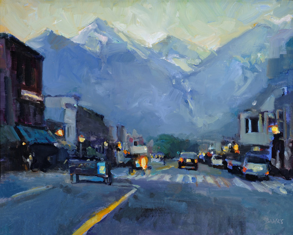 Oil painting of a downtown street with mountains in the background