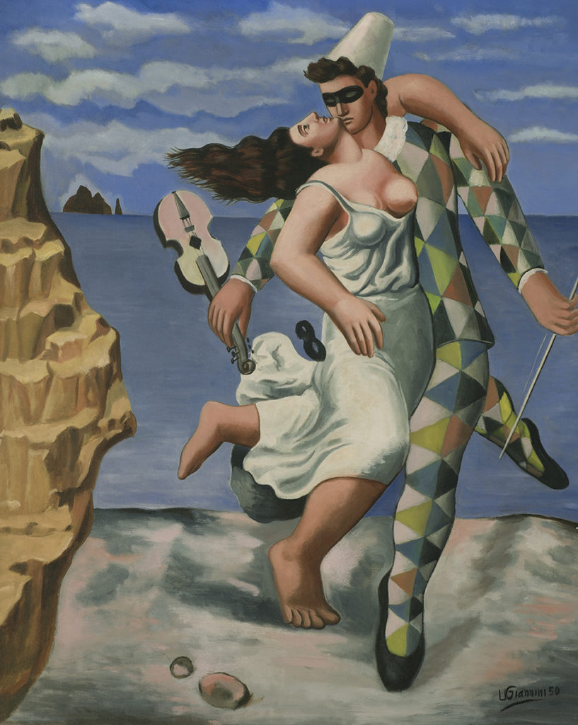 Oil painting of a woman dancing with a harlequin