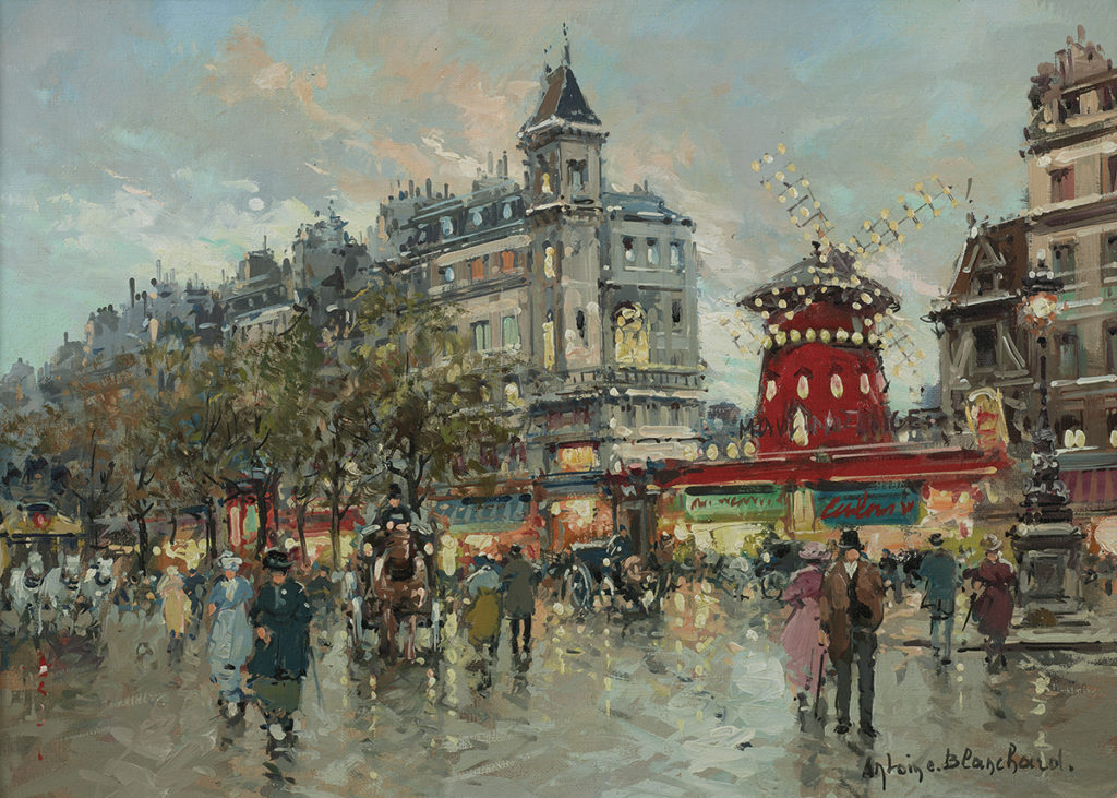 Oil painting of the Moulin Rouge during the day in Paris