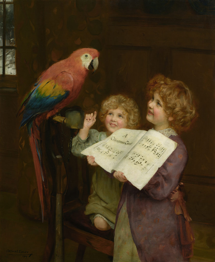 Oil painting of two young girls holding sheet music up to a parrot