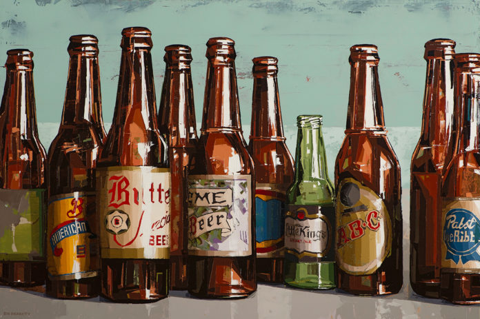 Oil painting of empty bottles on a shelf