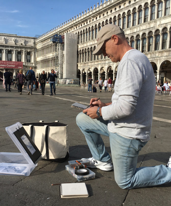 Jon deMartin draws in Venice’s Piazza San Marco.
