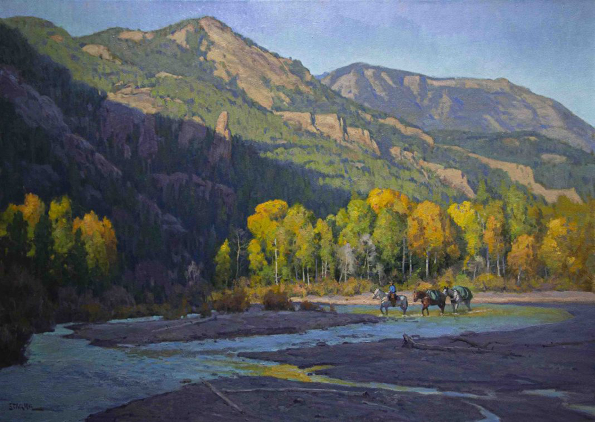 oil painting of mountain scape with river