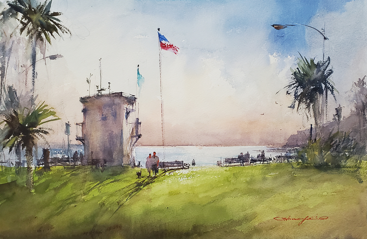 watercolor painting of a fort on a beach