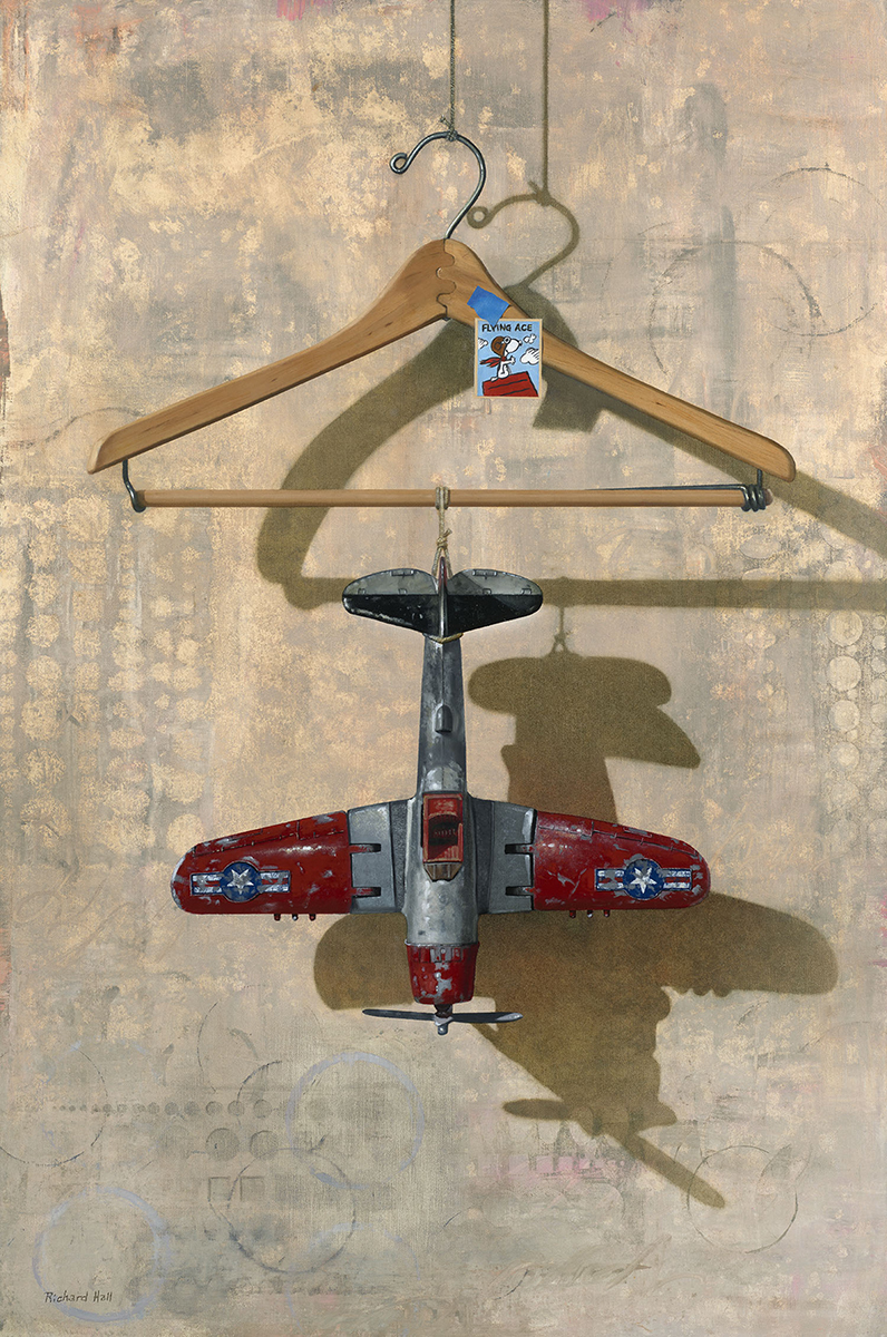 oil painting of a toy airplane hanging from a hanger