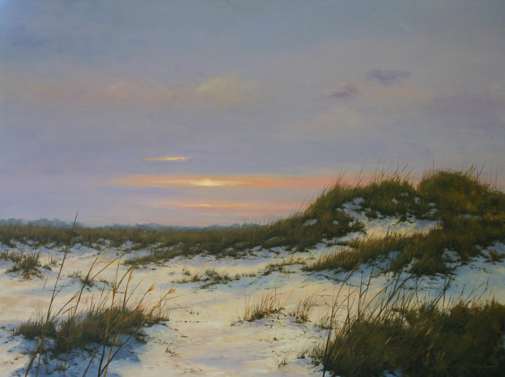 Oil painting of sand dunes at twilight