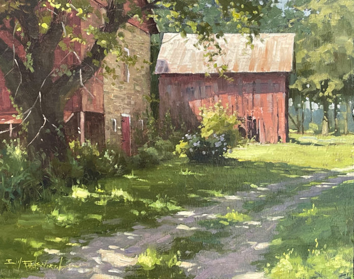 Oil painting of red barn